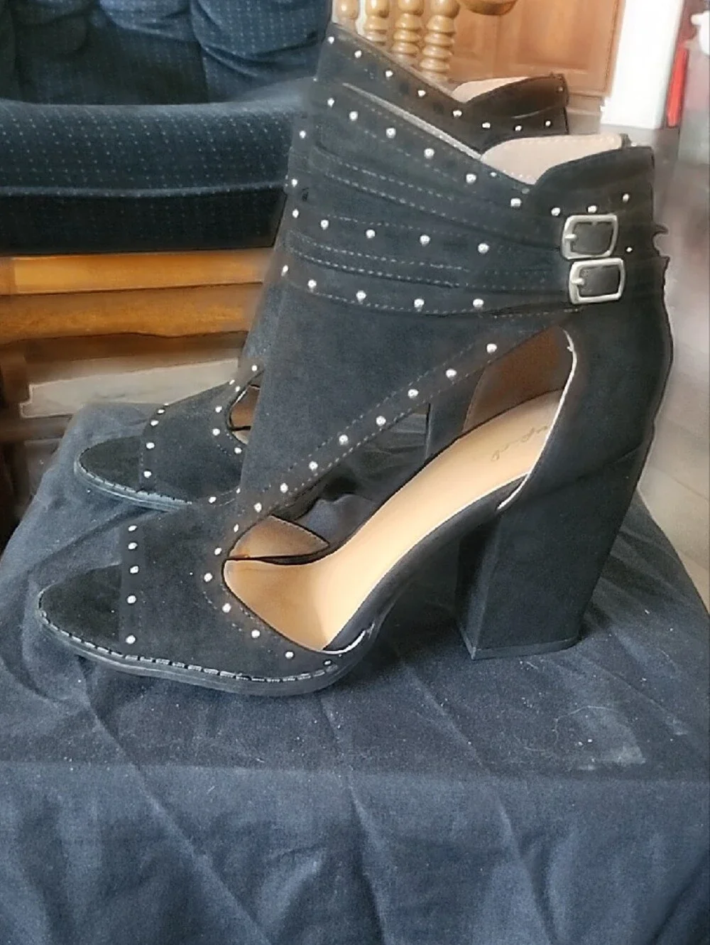 Cupid Black Studded Block Heel Sandals with Buckle Accent